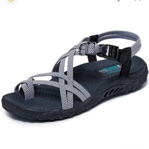 Sketchers Reggae Irie Mon Sandals Black Gray Strappy Sandals, Women’s Sz 9